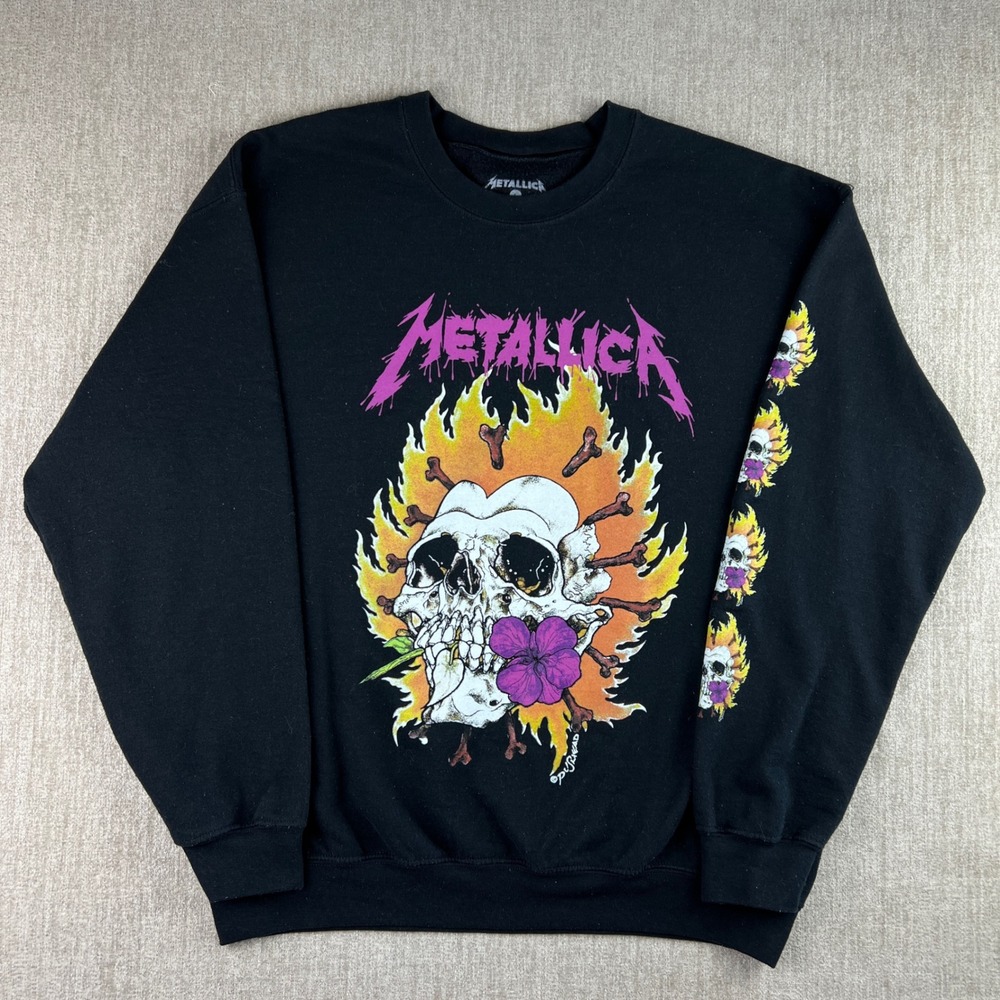 Metallica Sweatshirt Mens Large Black Pushead Skull Flame Graphic Band Pullover